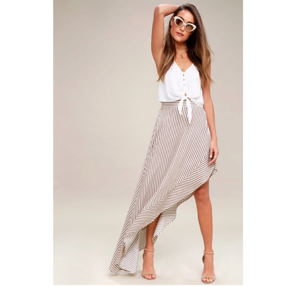Lulu's King Harbor Tan and White Striped Asymmetrical Maxi Skirt Size S *NWT*